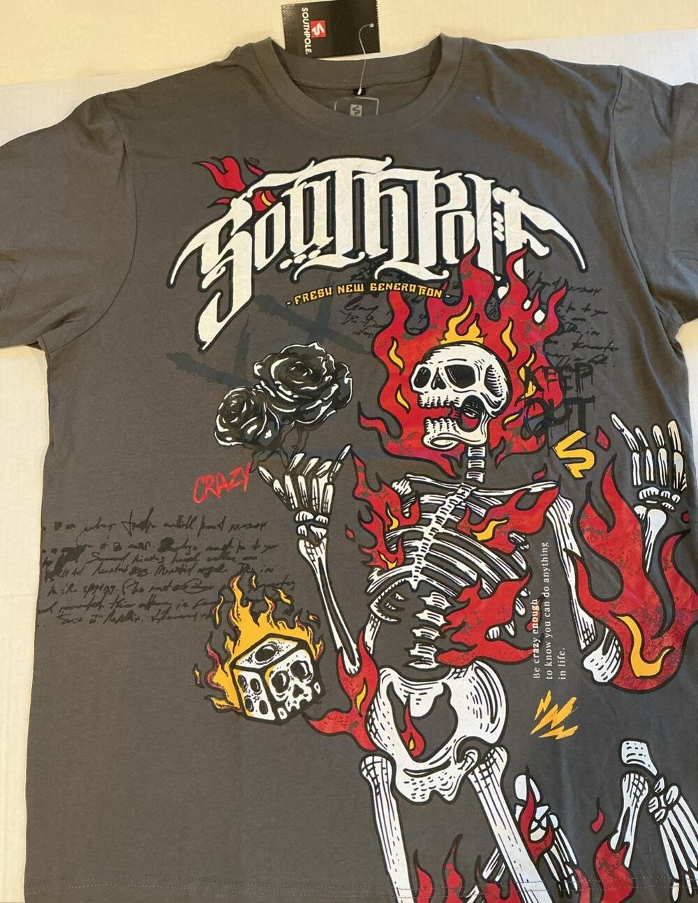 Southpole Flaming Skeleton T Shirt Mens Size Large L Grey Graphic Tee NWT Y2K